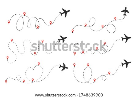 The plane follows the dotted line. Flights traveling from the origin to the destination on the world map.