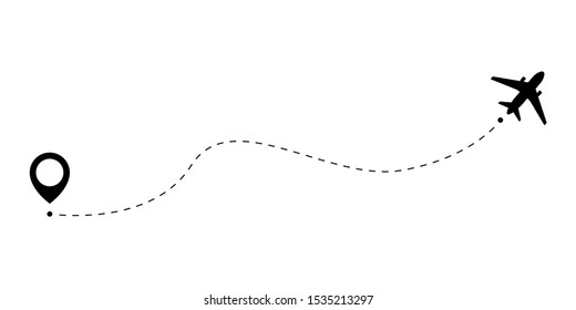 The plane follows the dotted line from the start point to the end point. Airplane route on a white background. Vector illustration.
