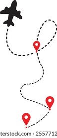 The plane follows the dotted line from the start point Airplane line path routes. Travel vector icon. Travel from start point