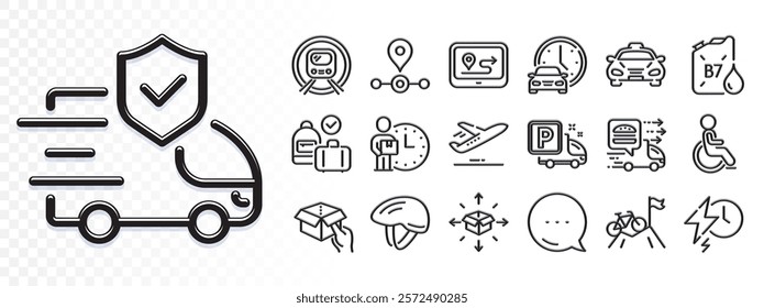 Plane, Food delivery and Bicycle helmet line icons for web app. Glare of light effect. Message icon. Pack of Disability, Hold box, Diesel canister pictogram icons. Vector