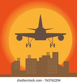 plane in front of big city silhouette, flat style illustration