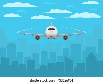 Plane in front of city silhouette. Realistic airplane and city background. Aircraft flying over big city. Blue sky and clouds. Vector illustration.