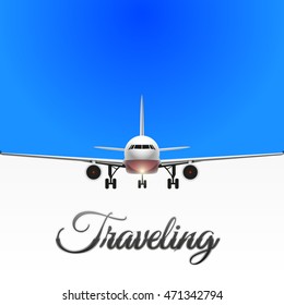 Plane front view, background with white & blue, traveling concept, vector illustration