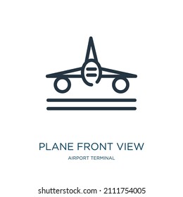 icono de línea delgada de la vista frontal del plano. plano, iconos lineales de vuelo del concepto de terminal de aeropuerto señal de contorno aislado. Elemento de símbolo de ilustración vectorial para diseño web y aplicaciones.