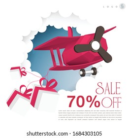 Plane and gift box Realistic sales banner.