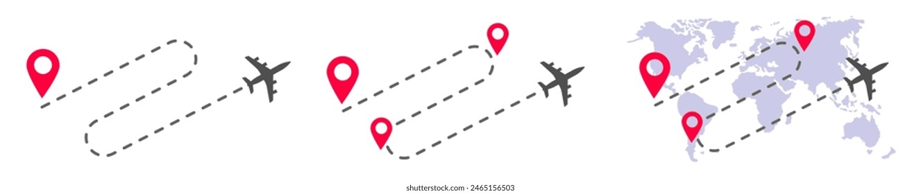 Plane global worldwide transportation icon vector graphic illustration set, commercial airplane flight for shipping route cut out image clipart, world air post destination location symbol