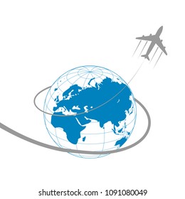 plane with globe and dotted path on white background. Vector illustration.