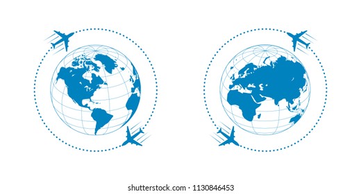 Plane With Globe And Dotted Path On White Background. Vector Illustration.