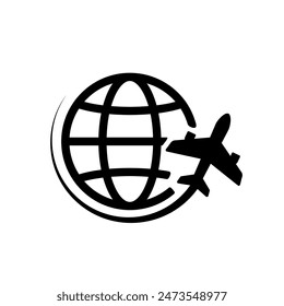 Plane globe icon. Plane flying around globe