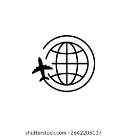 Plane globe icon. Plane flying around globe