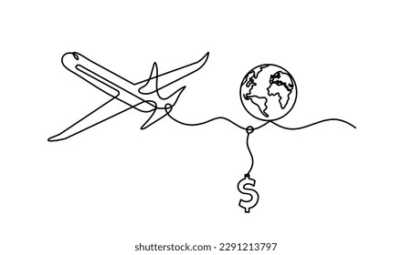 Plane with globe and sign of dollar as line drawing . Vector
