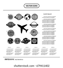 plane and globe vector icons set  
