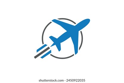 Plane glyph icon. Style is bicolor flat circled symbol, blue and gray colors, rounded angles, white background