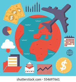A plane goes on top of a globe surrounded by business icons