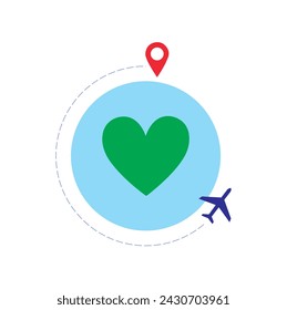 A plane going around a circle in the shape of the world with a green heart in the middle