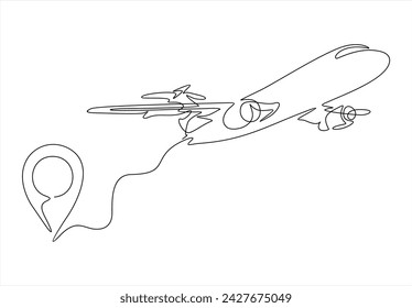 Plane with GPS pointer, one line drawing travel concept vector. Vector line art. Continuous one line art of plane with path flying from pointer.