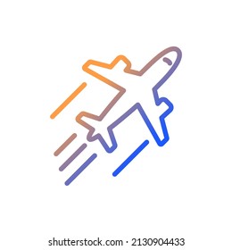 Plane gradient linear vector icon. Commercial and private flight. Jet engine. Landing and departure. Dynamic movement. Thin line color symbol. Modern style pictogram. Vector isolated outline drawing