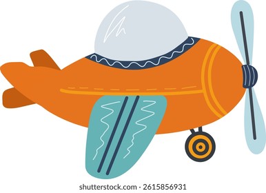 Plane in hand drawn, cartoon style. Suitable for kids, travels, adventure designs. Air transport on white background.
