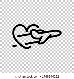 Plane and heart, love of travel, simple business icon. Black editable linear symbol on transparent background