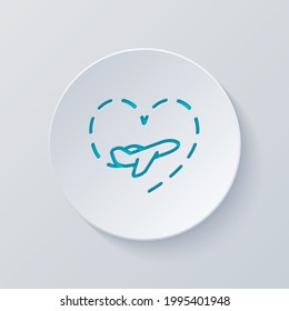 Plane and heart, love of travel, simple business icon. Cut circle with gray and blue layers. Paper style