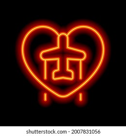 Plane and heart, love of travel, simple business icon. Orange neon style on black background. Light linear icon with editable stroke