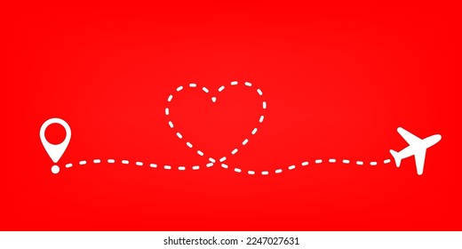 Plane and heart shape path, love travel, valentines trip illustration