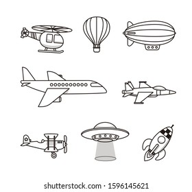 Plane, helicopter, air balloon and other flying vehicles. Black and white doodle cartoon, vector illustration for kids