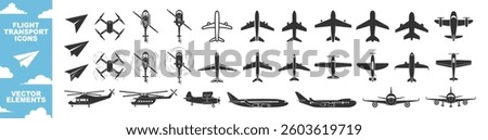 Plane, helicopter, drone icon set. Flight transport symbol isolated on transparent. Airplane illustration sign collection