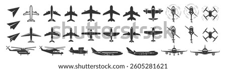 Plane, helicopter, drone icon set. Flight transport symbol isolated on transparent. Airplane illustration sign collection
