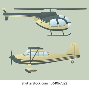 Plane and helicopter. Vector isolated illustration. Modern passenger civil aviation. Training light vehicle. Yellow and green color of body. For air show, aircrafts exhibitions, transportation design.