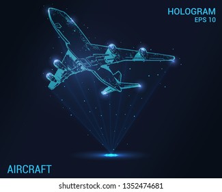 The plane hologram. Digital and technological background of the plane. Design a futuristic airliner