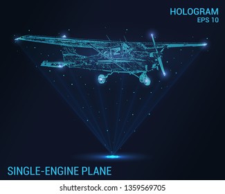 The plane hologram. A holographic projection of the single-engine plane. Flickering energy flux of particles. The scientific design of the plane