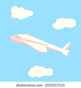 Plane icon. Airplane cartoon vector illustration. White pink airplane silhouette in blue sky with clouds.