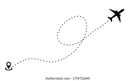 Plane icon and airplane flight path with a start point and dashed track.Vector illustration