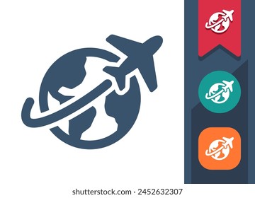 Plane Icon. Airplane, Globe, Earth, Travel, Around The World. Professional, pixel perfect vector icon.