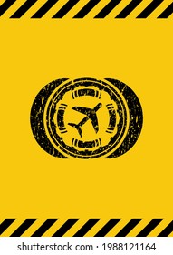 plane icon black grunge emblem with yellow background. Vector Illustration. Detailed. 