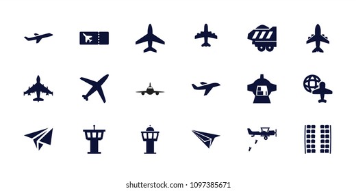 Plane icon. collection of 18 plane filled icons such as plane seats, airport tower, cargo trailer. editable plane icons for web and mobile.