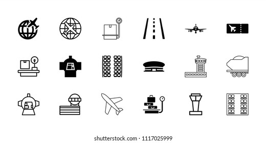 Plane icon. collection of 18 plane filled and outline icons such as airport, airport tower, luggage weight, runway, ticket. editable plane icons for web and mobile.