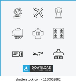 Plane icon. collection of 9 plane outline icons such as ticket, airport tower, globe. editable plane icons for web and mobile.