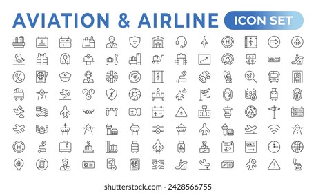 Colección de iconos de plano. Vector de avión. Símbolo de transporte de vuelo. Concepto de viaje. Conjunto de icono de línea vectorial. Contiene símbolos de aviones, tarjetas de crédito, billeteras, dólares, dinero globo. Conjunto de iconos de esquema.