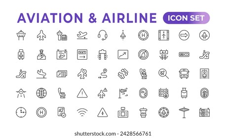 Plane icon collection. Airplane vector. Flight transport symbol. Travel concept.Set of Vector Line icon. It contains symbols of aircraft, Credit Cards, Wallets, Dollars, Money globe. Outline icon set.