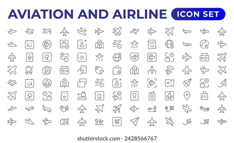 Colección de iconos de plano. Vector de avión. Símbolo de transporte de vuelo. Concepto de viaje. Conjunto de icono de línea vectorial. Contiene símbolos de aviones, tarjetas de crédito, billeteras, dólares, dinero globo. Conjunto de iconos de esquema.