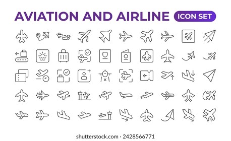 Plane icon collection. Airplane vector. Flight transport symbol. Travel concept.Set of Vector Line icon. It contains symbols of aircraft, Credit Cards, Wallets, Dollars, Money globe. Outline icon set.