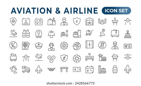 Colección de iconos de plano. Vector de avión. Símbolo de transporte de vuelo. Concepto de viaje. Conjunto de icono de línea vectorial. Contiene símbolos de aviones, tarjetas de crédito, billeteras, dólares, dinero globo. Conjunto de iconos de esquema.