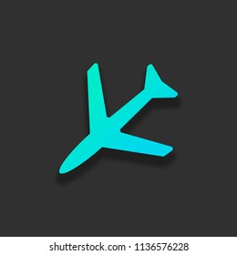 Plane icon. Colorful logo concept with soft shadow on dark background. Icon color of azure ocean
