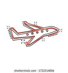 Plane icon in comic style. Airplane cartoon vector illustration on white isolated background. Flight airliner splash effect business concept.
