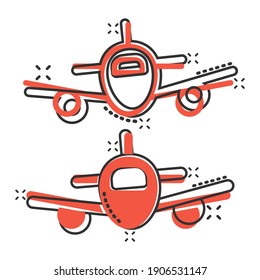 Plane icon in comic style. Airplane cartoon vector illustration on white isolated background. Flight airliner splash effect business concept.