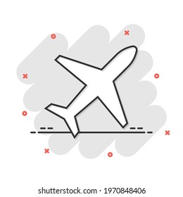 Plane icon in comic style. Airplane cartoon vector illustration on white isolated background. Flight airliner splash effect business concept.