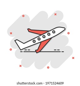 Plane icon in comic style. Airplane cartoon vector illustration on white isolated background. Flight airliner splash effect business concept.