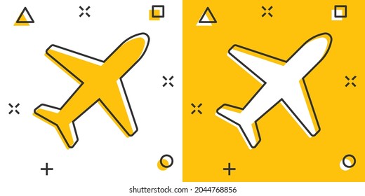 Plane icon in comic style. Airplane cartoon vector illustration on white isolated background. Flight airliner splash effect business concept.